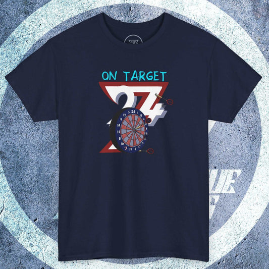 Navy blue darts t-shirt with hand-drawn dartboard and "On Target" text, casual crew-neck design, 100% cotton fabric.