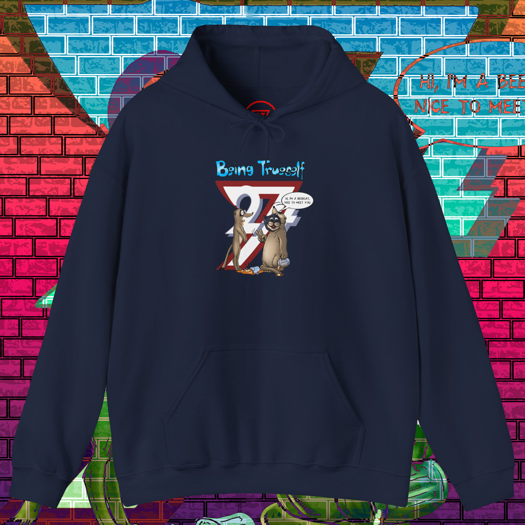 Navy blue hoodie with cartoon meerkat and cat design and "Being True-self" text on front, kangaroo pocket.
