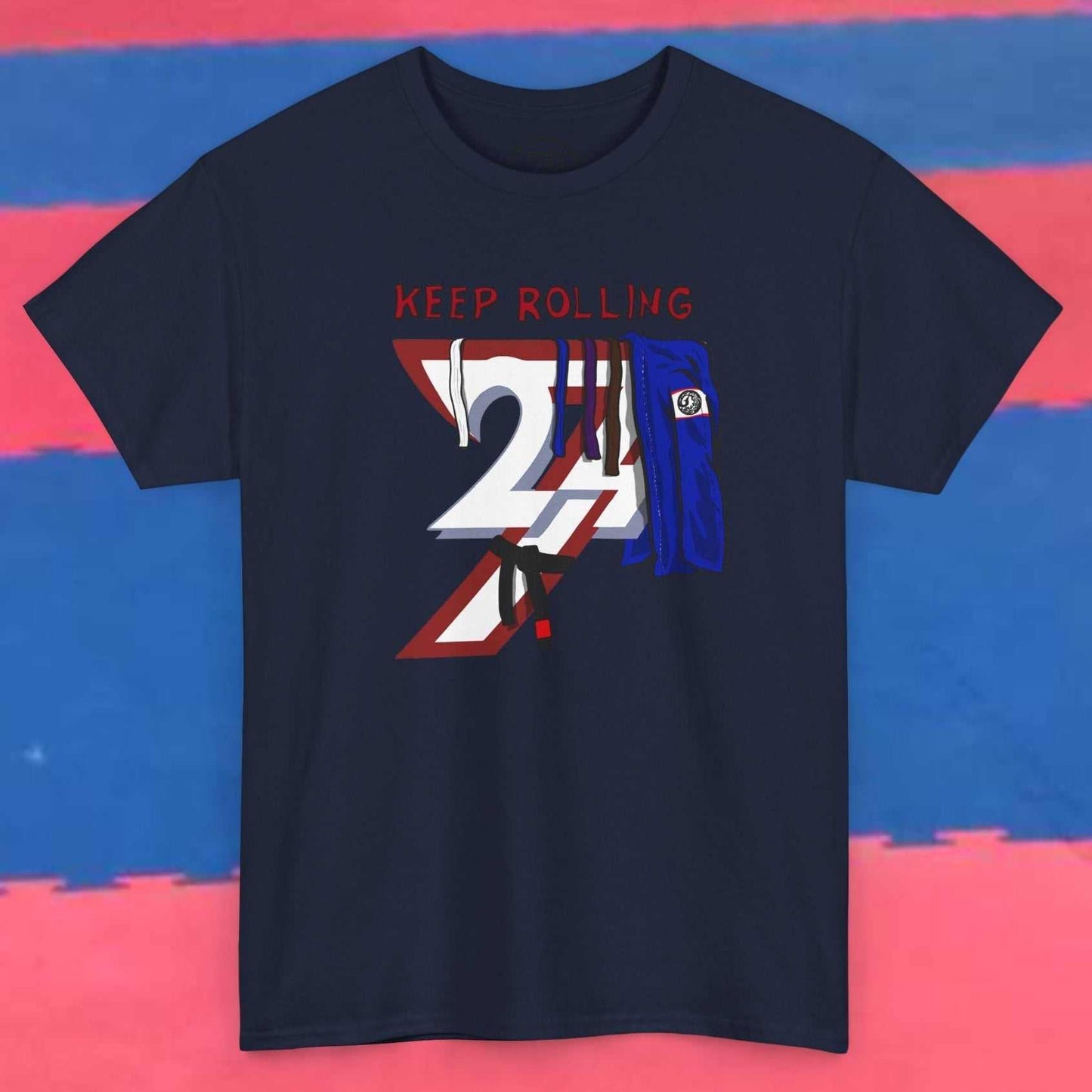 Navy blue jiu-jitsu t-shirt with "Keep Rolling" graphic and martial arts belt design