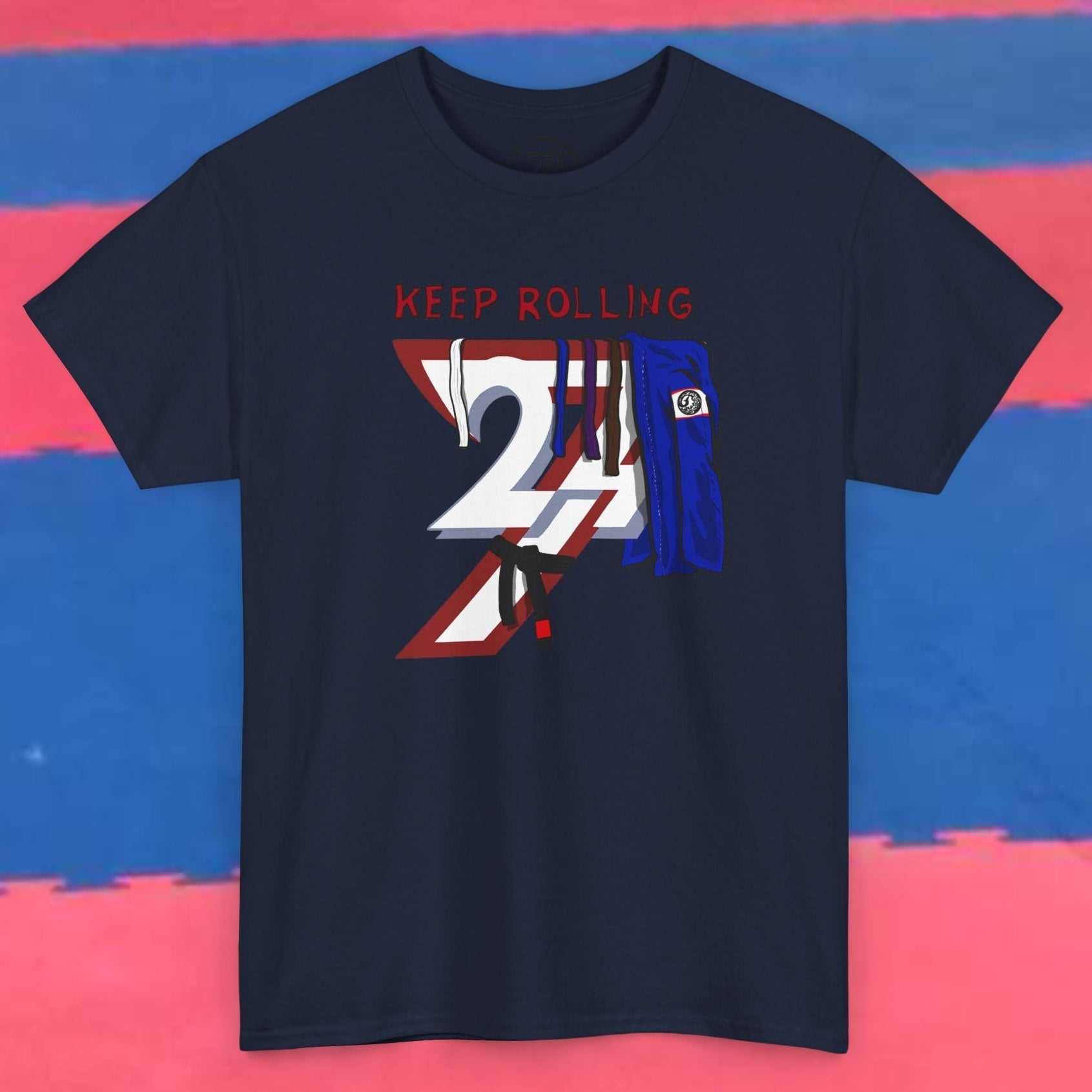 Navy blue jiu-jitsu t-shirt with "Keep Rolling" graphic and martial arts belt design