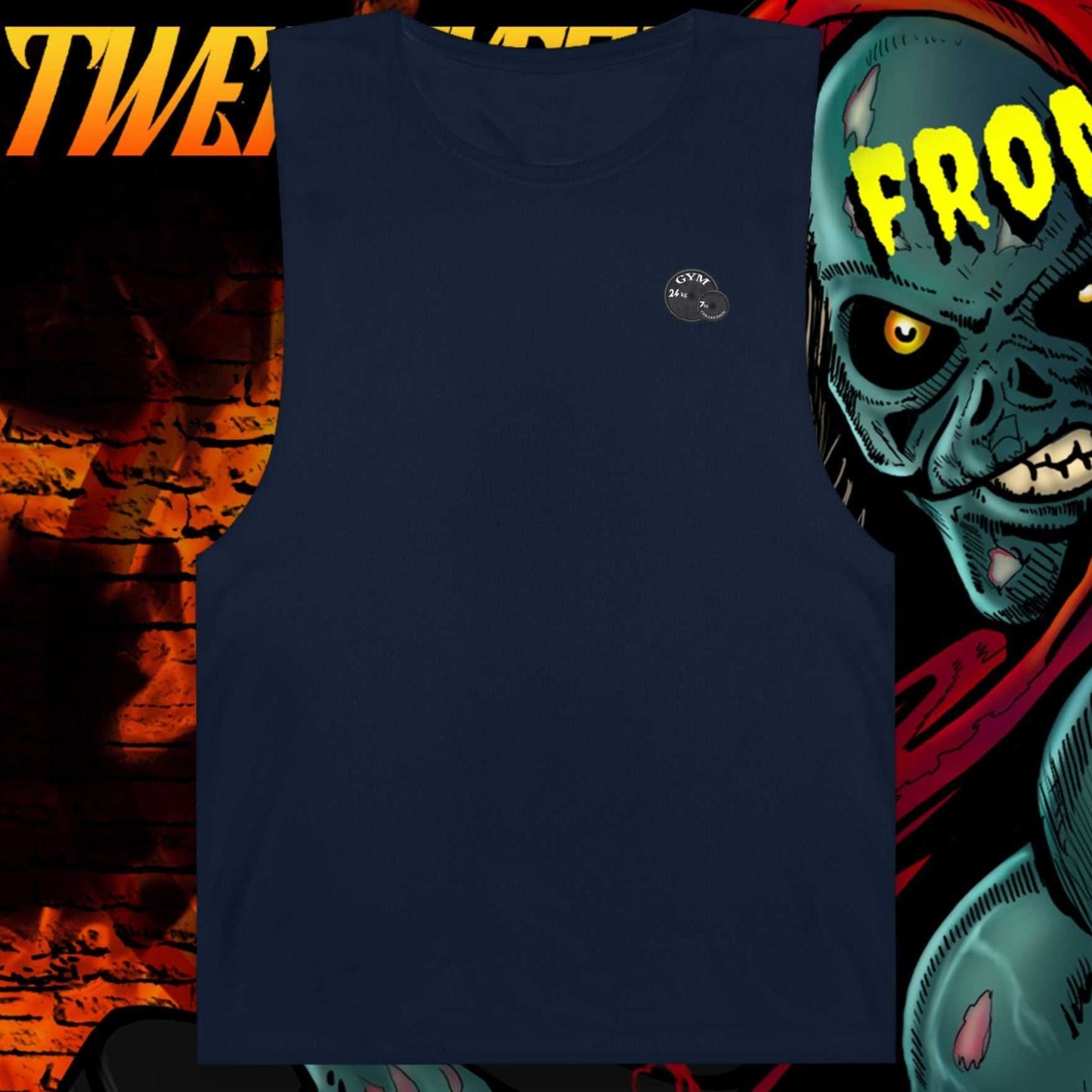 Navy blue sleeveless gym tank with small horror comic graphic on chest, raw cut-off sleeves, breathable fabric, athletic fit, inspired by 90s comic art and horror themes.