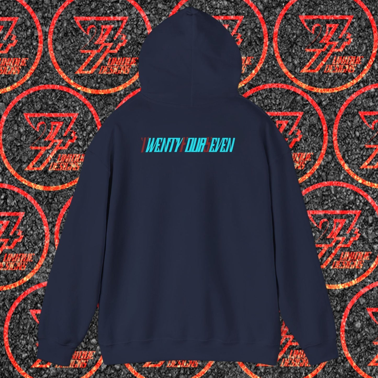Navy blue stylish hoodie with Twentyfourseven logo on back, adjustable hood, and kangaroo pouch pocket.
