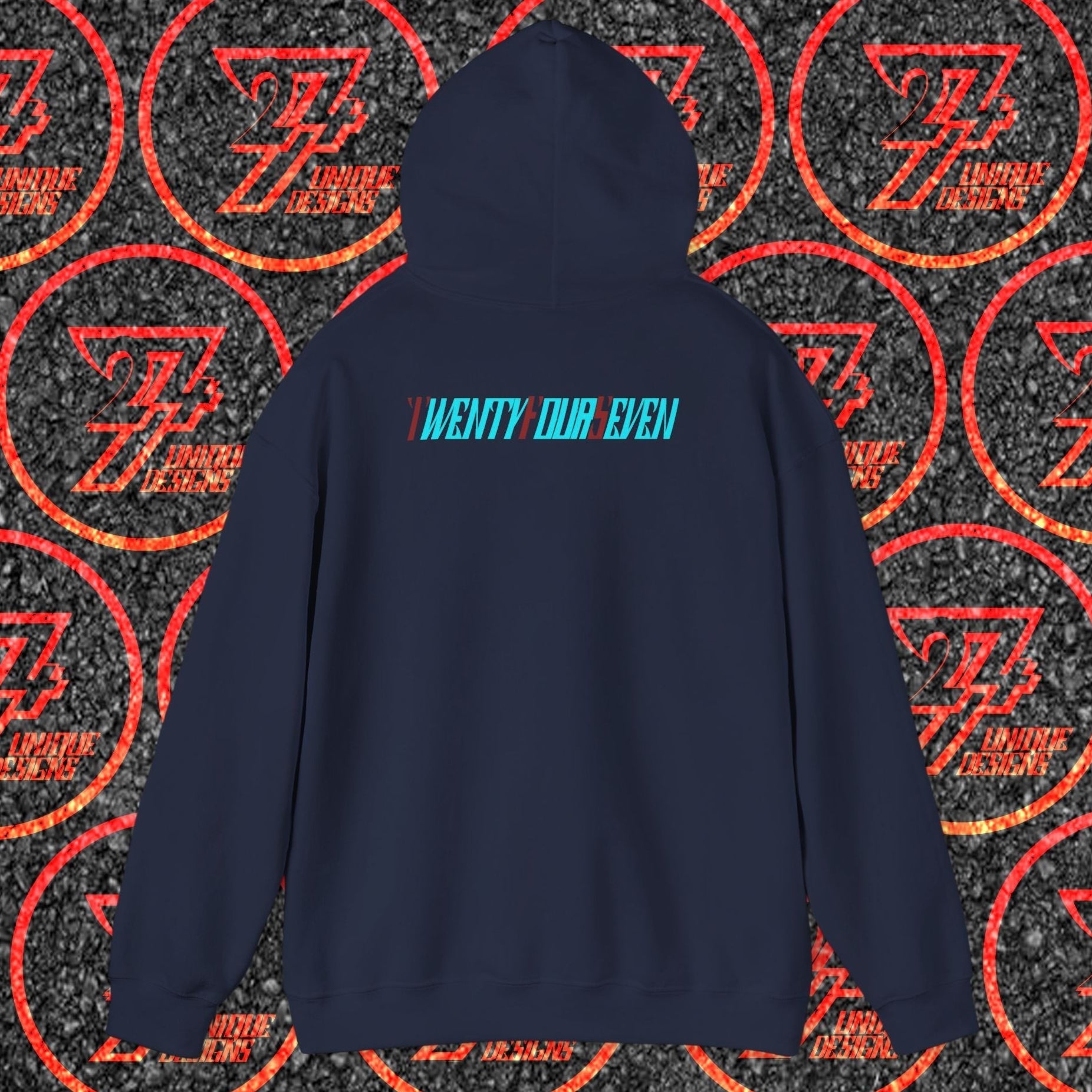 Navy blue stylish hoodie with Twentyfourseven logo on back, adjustable hood, and kangaroo pouch pocket.