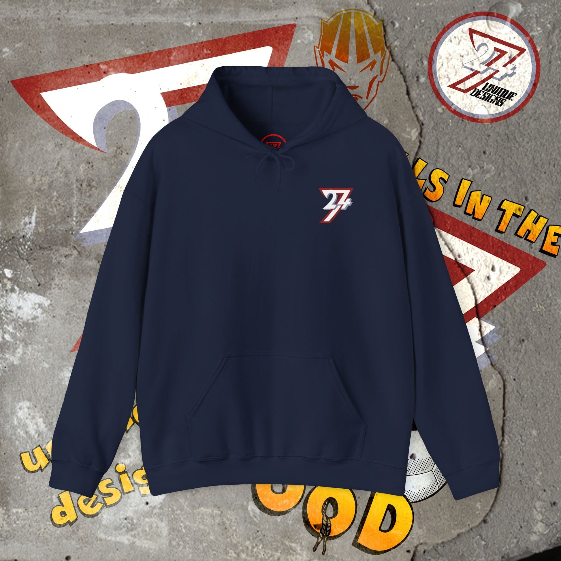 Navy blue stylish hoodie with twentyfourseven logo and kangaroo pocket for casual streetwear.