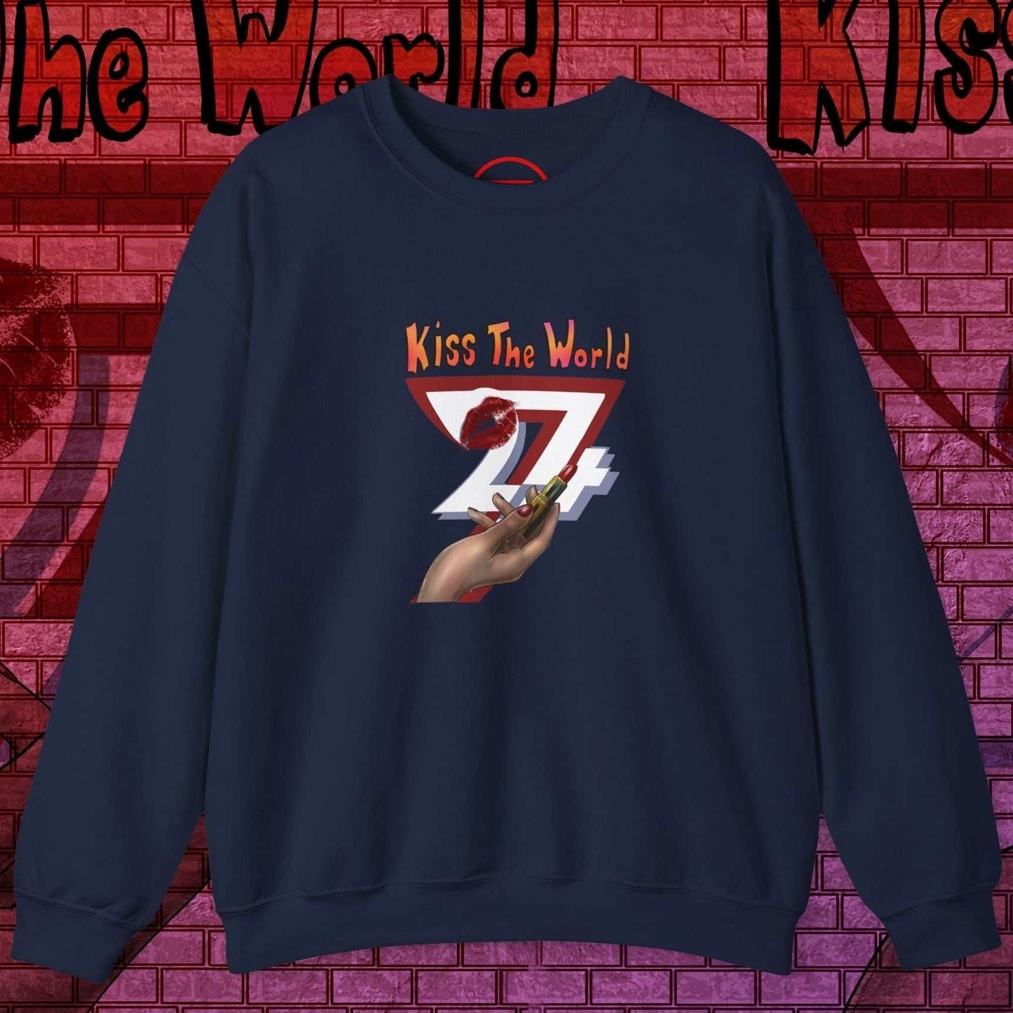 Navy blue sweatshirt with bold lipstick and hand illustration design and "Kiss The World 24/7" text print