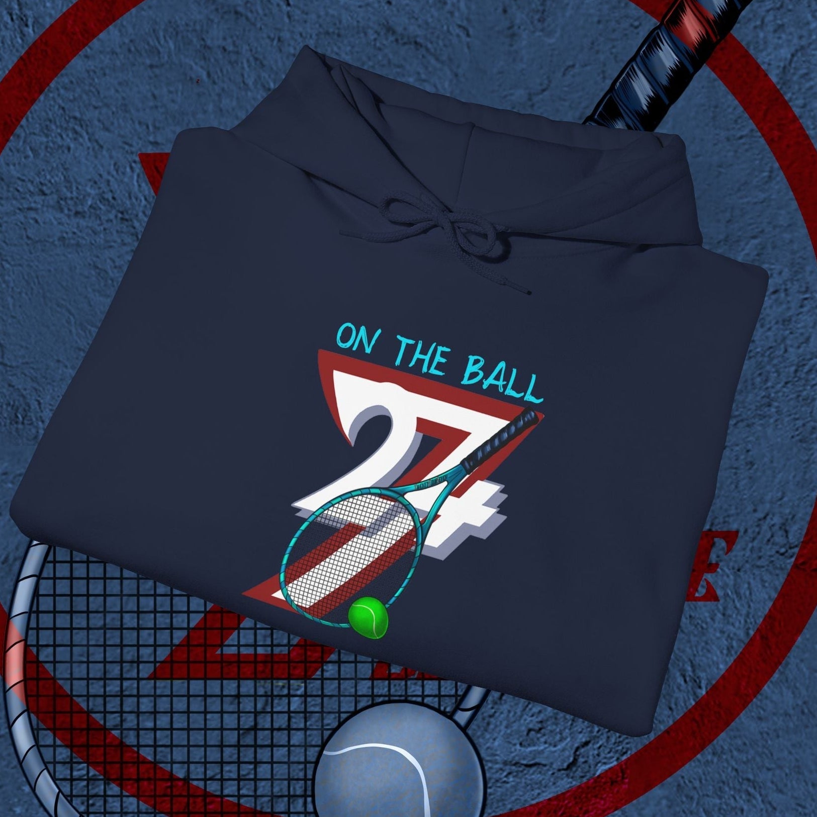 Navy blue tennis hoodie with hand-drawn tennis gear illustration and "On the Ball 24/7" text design