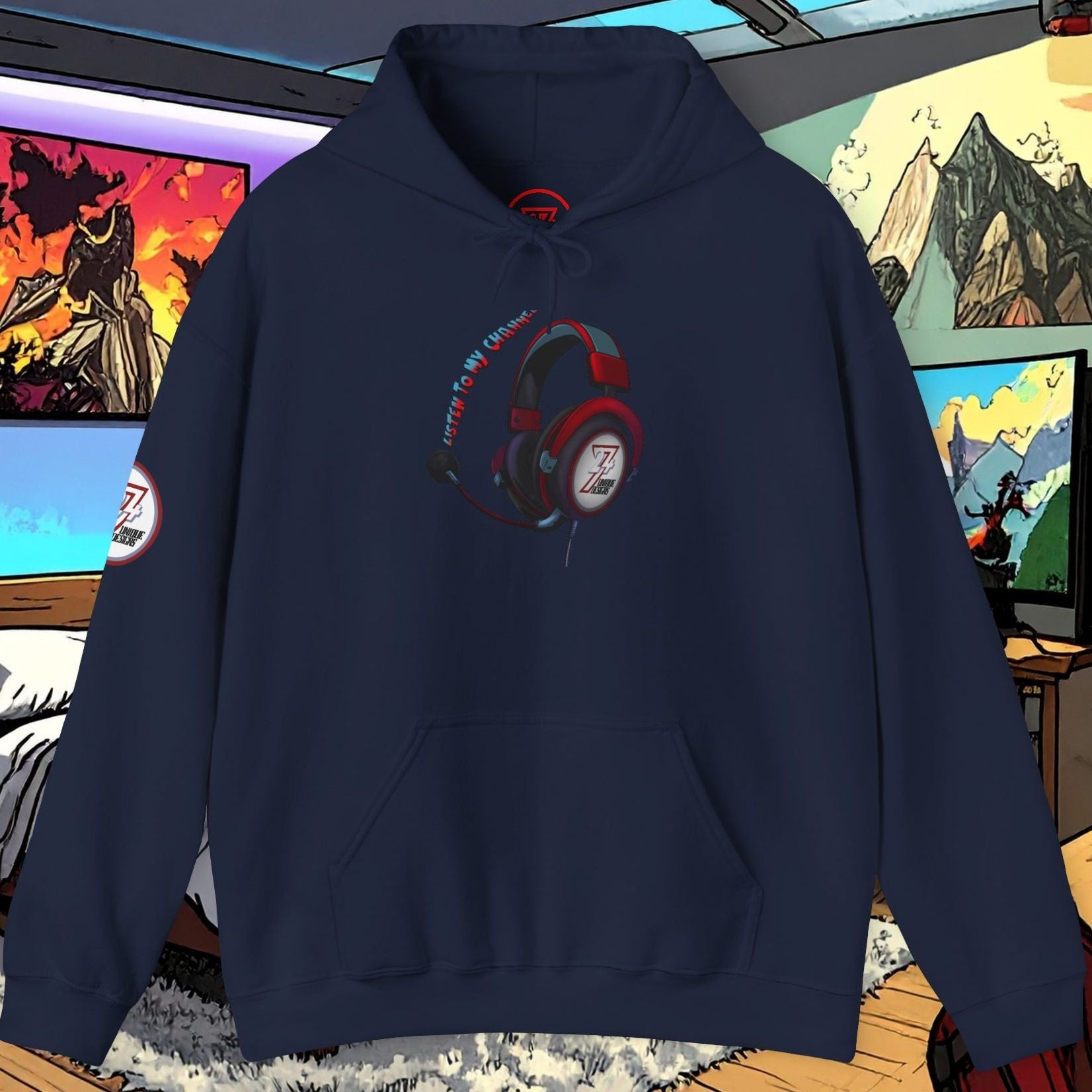 Navy blue unisex headset hoodie with red headphone design, kangaroo pocket, adjustable hood, comfy for gamers and YouTubers