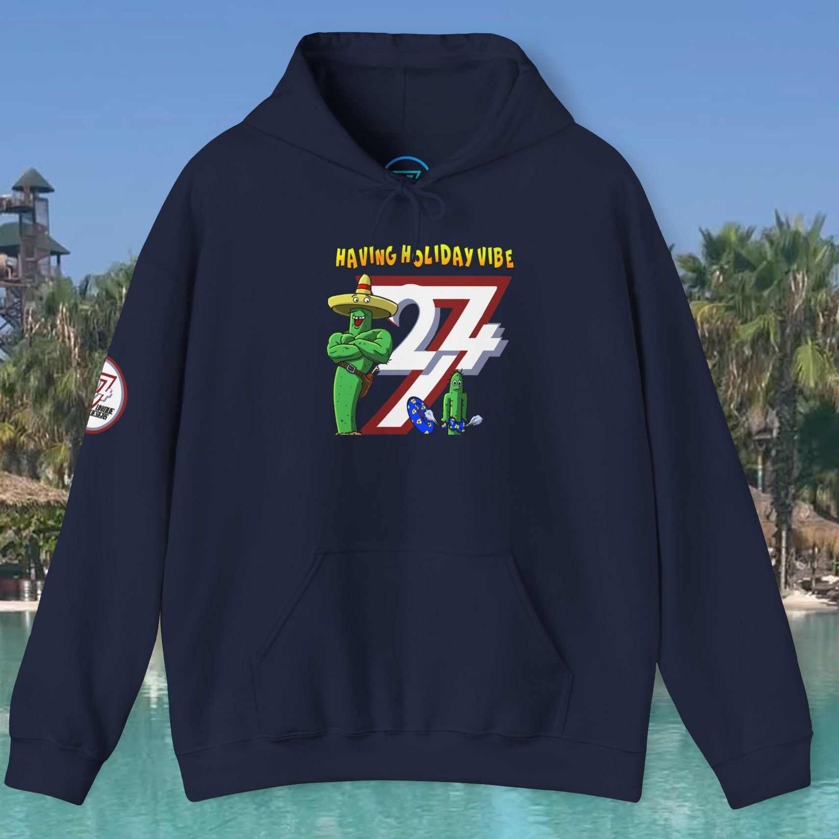 Navy cactus hoodie with holiday vibe cartoon design, adjustable hood, kangaroo pocket, cotton-polyester blend, unisex summer sweatshirt.