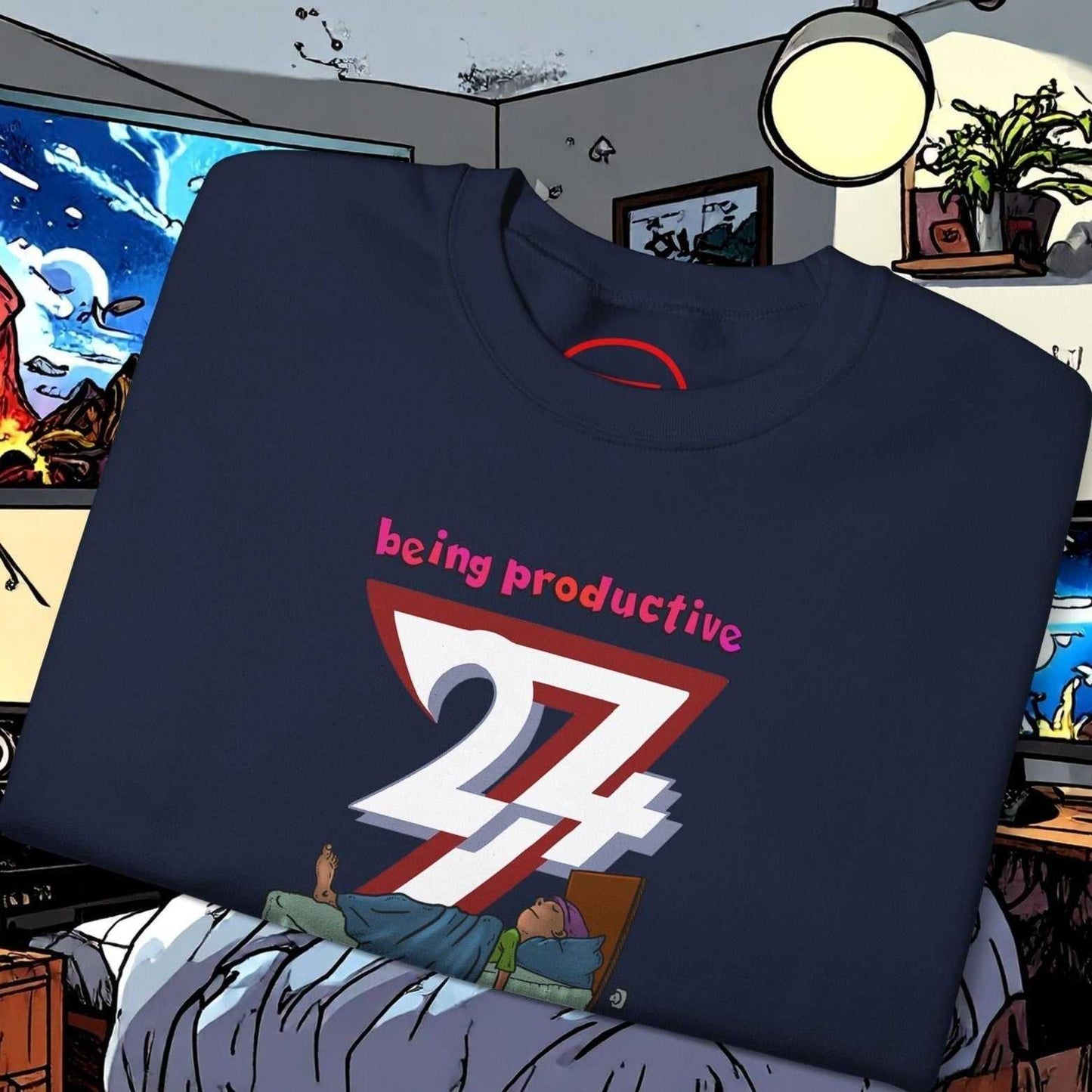 Lazy Teenager Unisex Sweatshirt with funny hand-drawn caricature and playful slogan on navy fabric