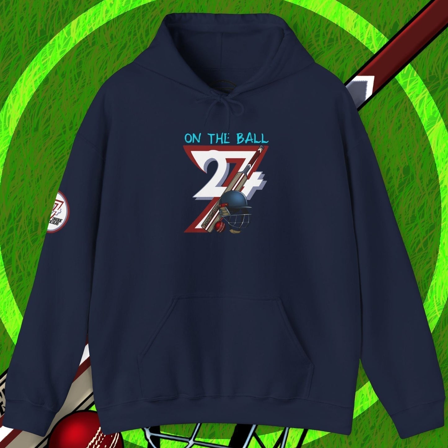 Navy cricket hoodie sweatshirt with unique "On The Ball 24/7" illustration, kangaroo pocket, and adjustable drawstring hood on green cricket-themed background