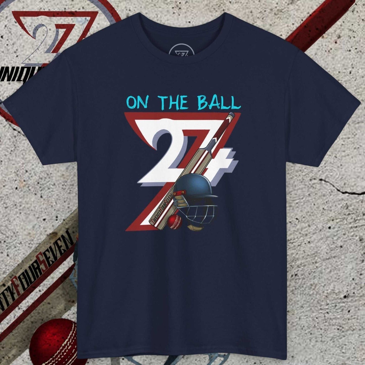Navy cricket tee with hand-drawn vintage 90s inspired cricket design featuring helmet, bat, and ball