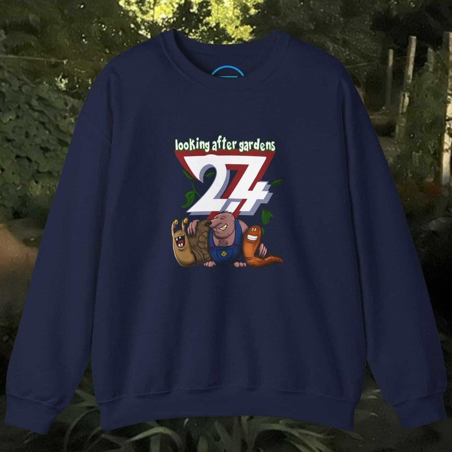 Navy funny cartoon sweatshirt with gardening squad illustration featuring a snail, mole, and slug.