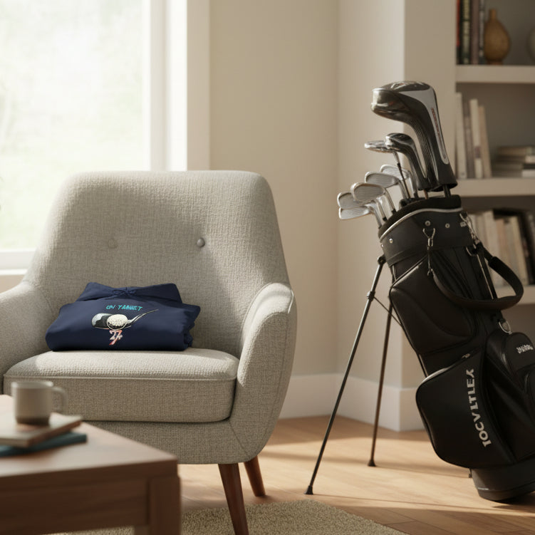 Navy golf hoodie with hand-drawn golf club and ball design, "On Target" text, adjustable hood, and kangaroo pocket.