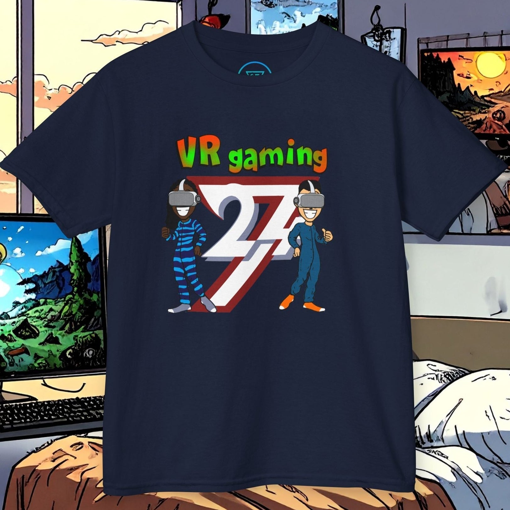 Navy kids VR gaming tee with colorful cartoon characters wearing VR headsets and bold "VR gaming 24/7" text design.