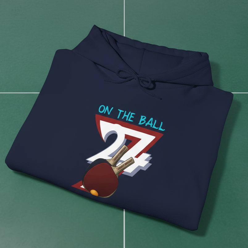 Navy ping pong hoodie with hand-drawn table tennis paddle and ball design, adjustable hood and kangaroo pocket.