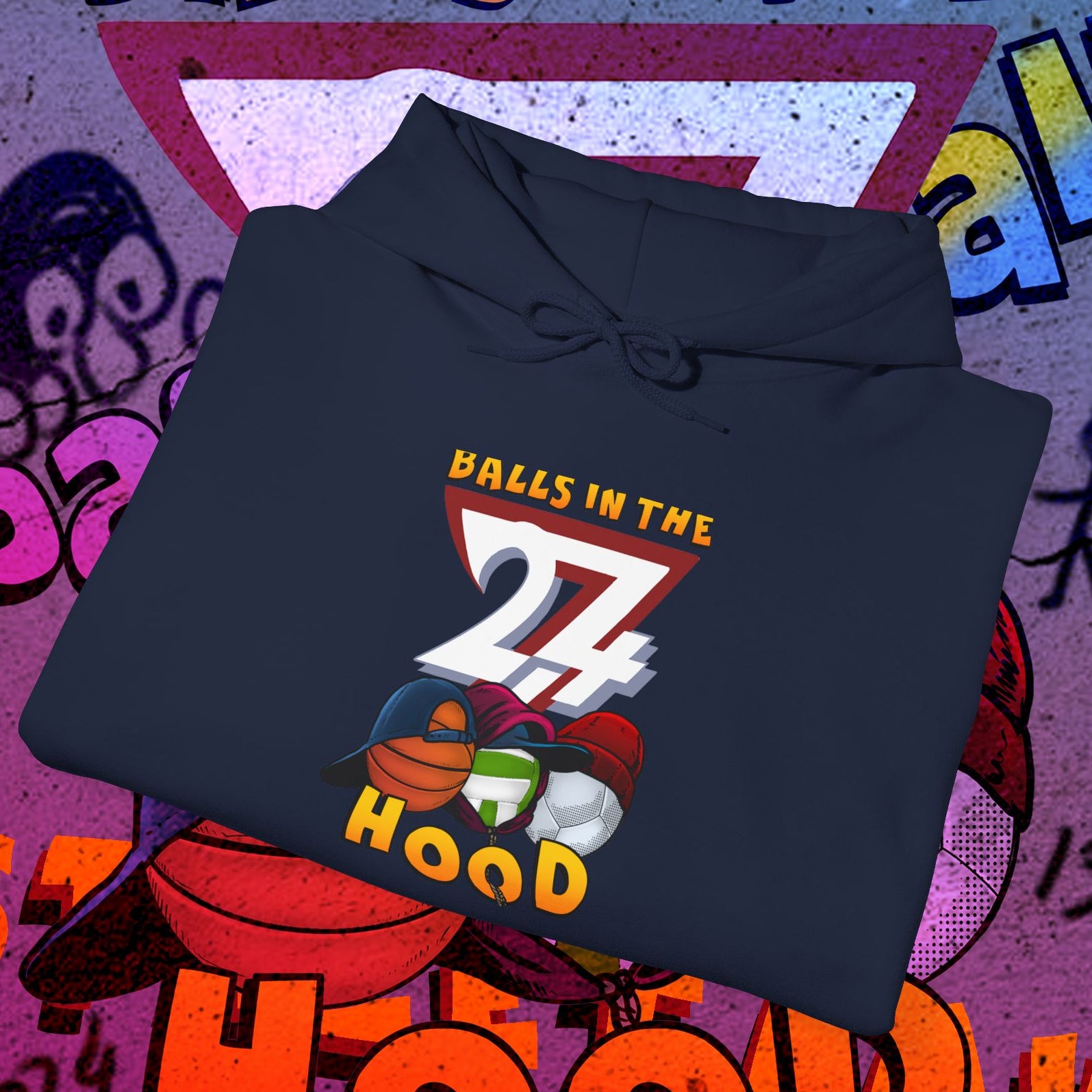 Navy printed hoodie with balls in the hood graphic, urban streetwear style for ballgames and city nights