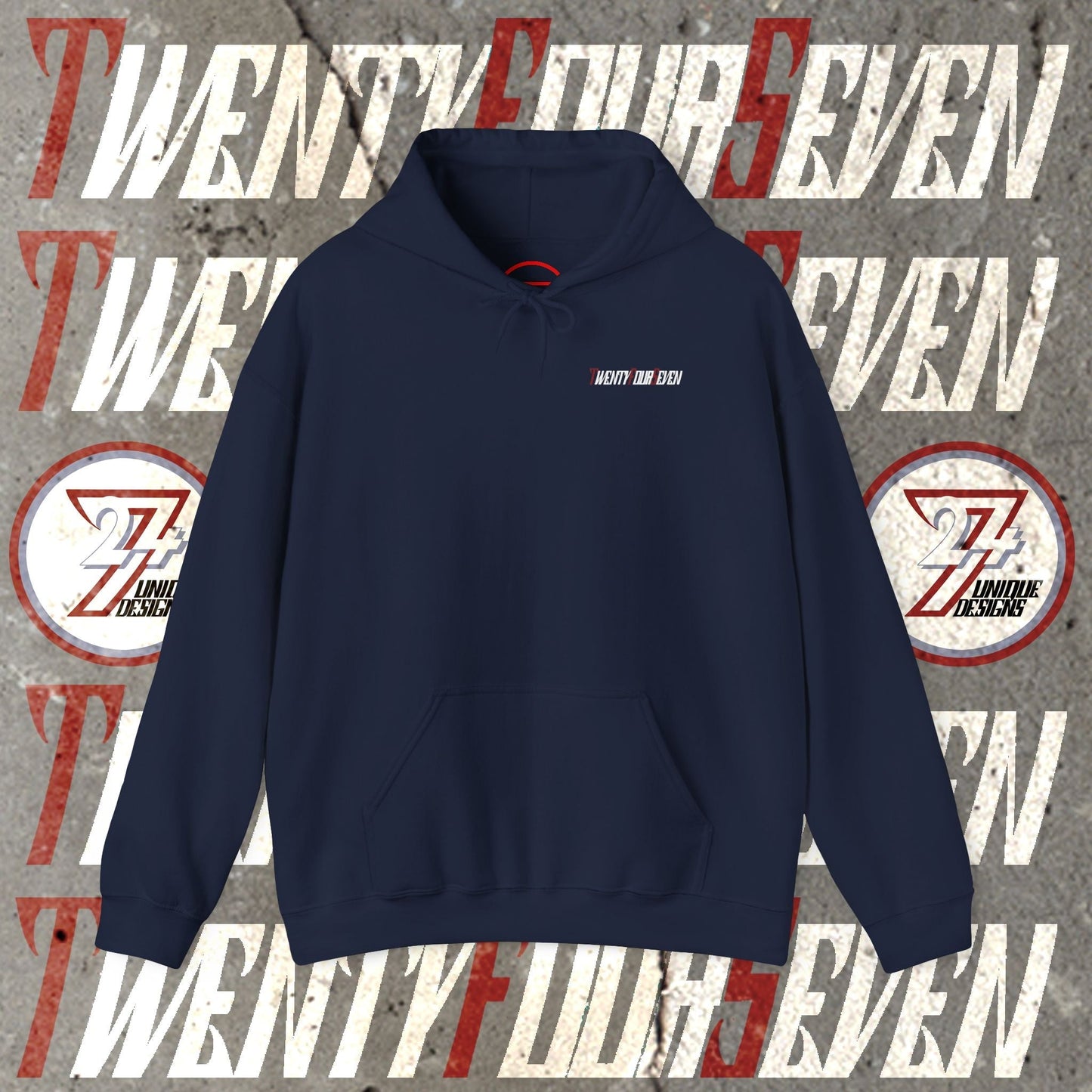 Navy printed hoodie with Twentyfourseven logo, kangaroo pocket, and adjustable hood, made from cotton-polyester blend