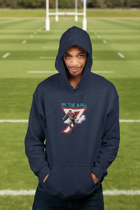 Navy rugby hoodie with vibrant hand-drawn rugby player design and kangaroo pocket