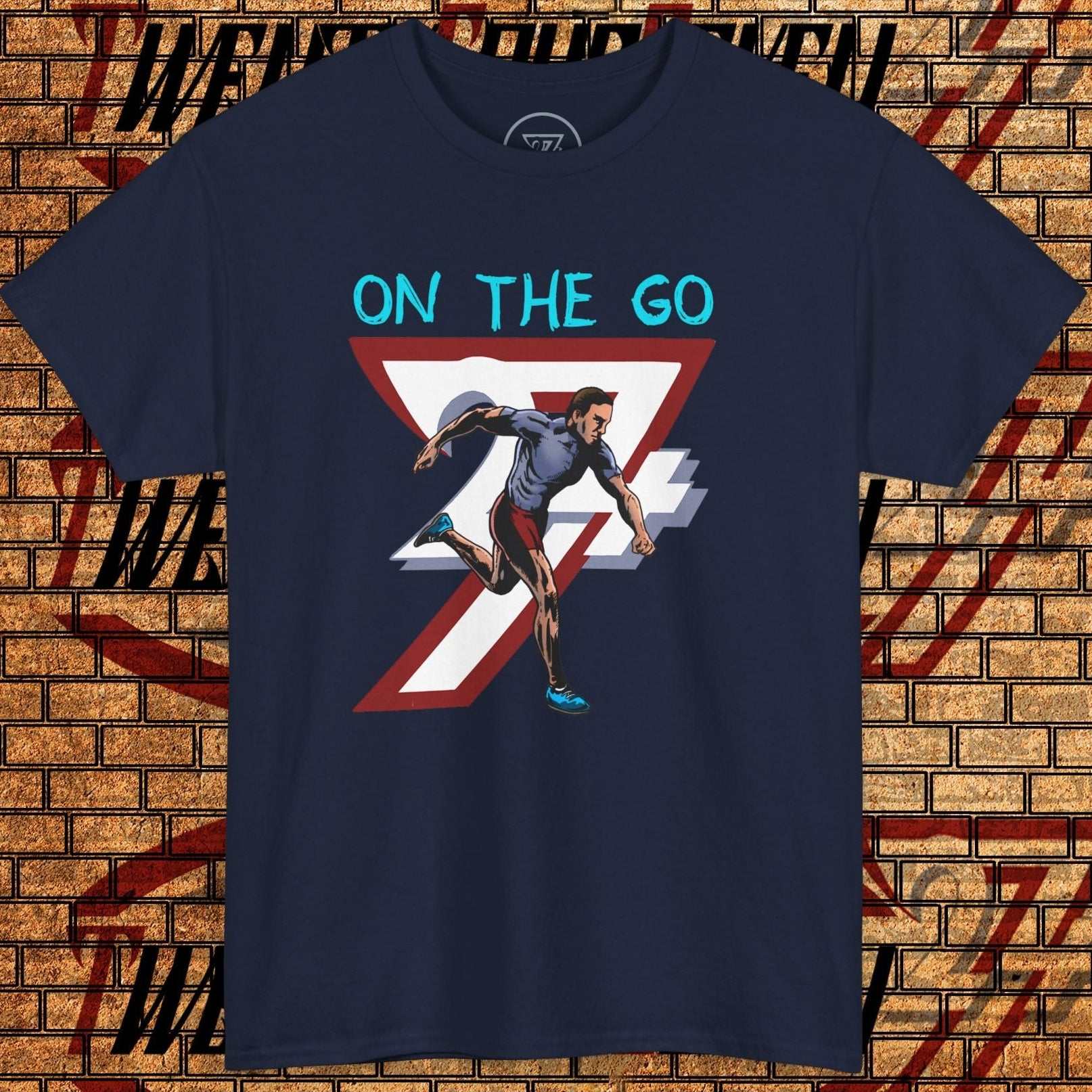 Navy running T-shirt with hand-drawn comic-style illustration of a runner and "ON THE GO" text, lightweight cotton activewear for training and lifestyle