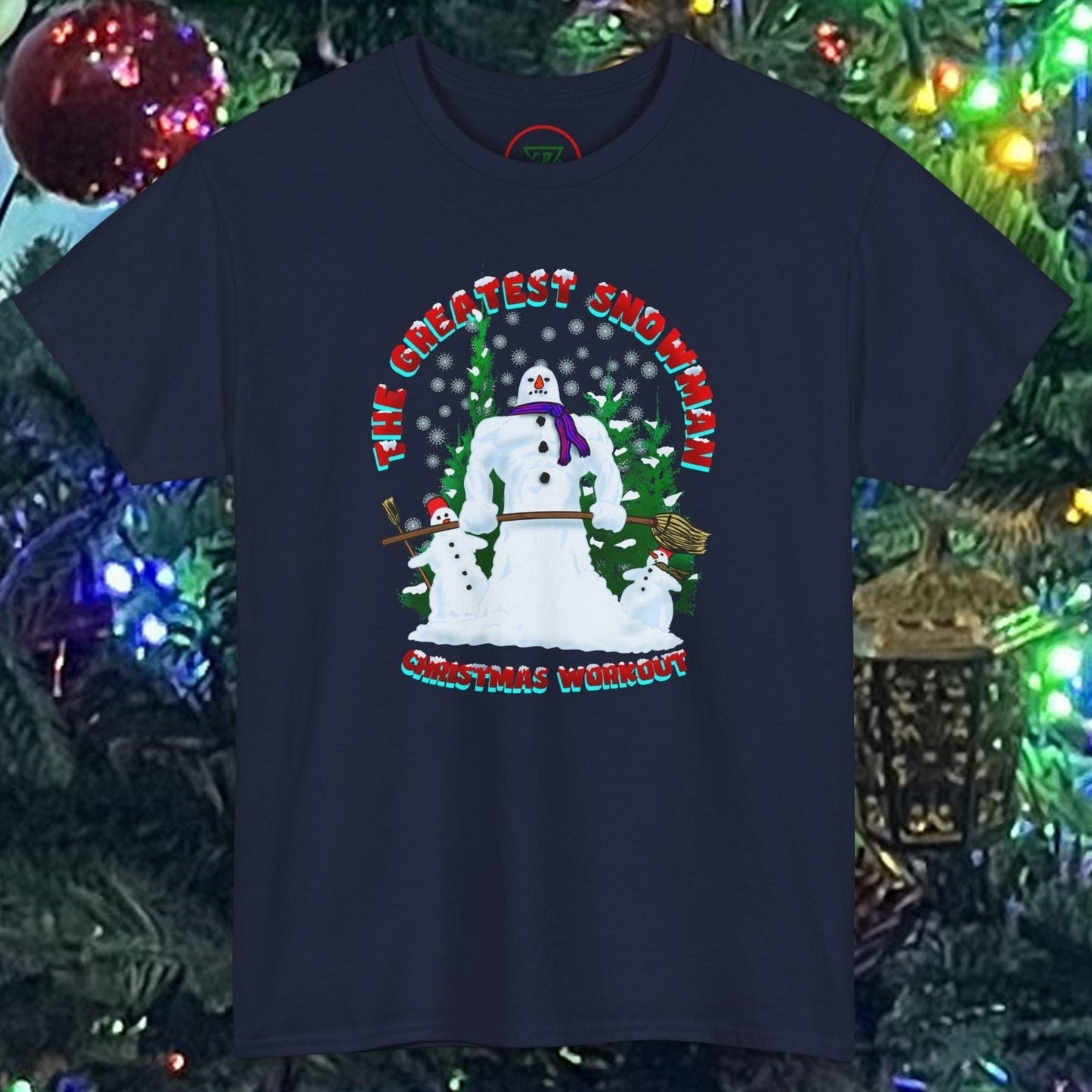 Navy snowman gym t-shirt with funny Christmas workout cartoon design
