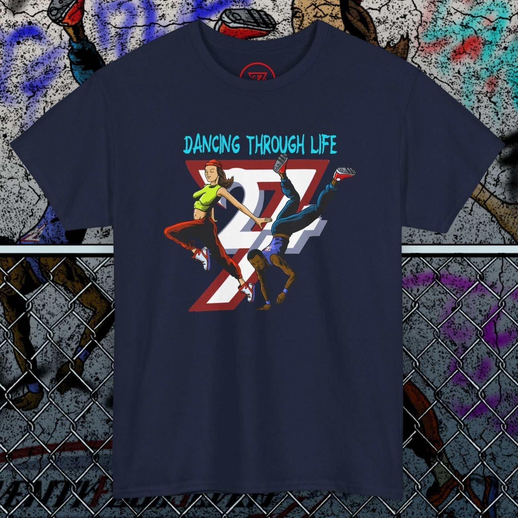 Navy street dance t-shirt with funky 90s comic-style dancers and "Dancing Through Life" text