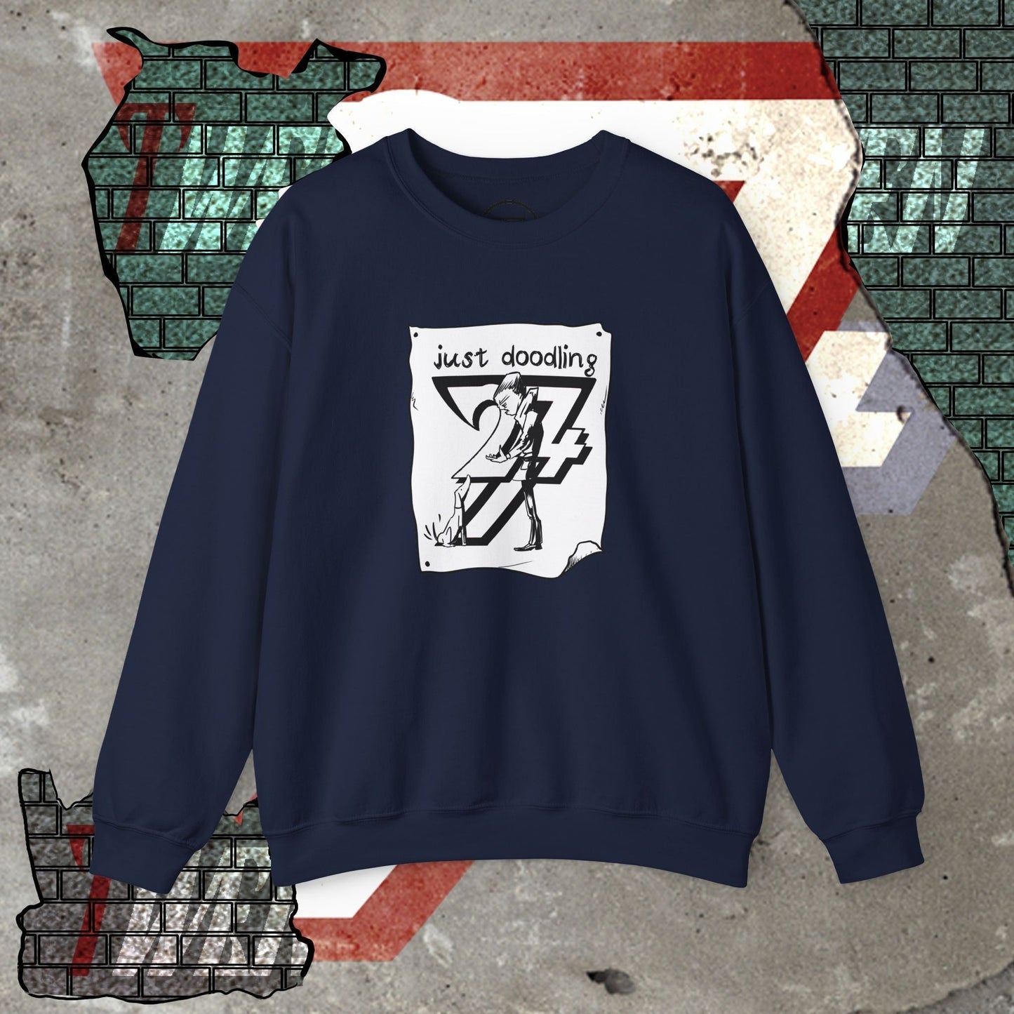 Navy sweatshirt with hand-drawn caricature dog illustration and "just doodling" text, cozy cotton-poly blend streetwear.