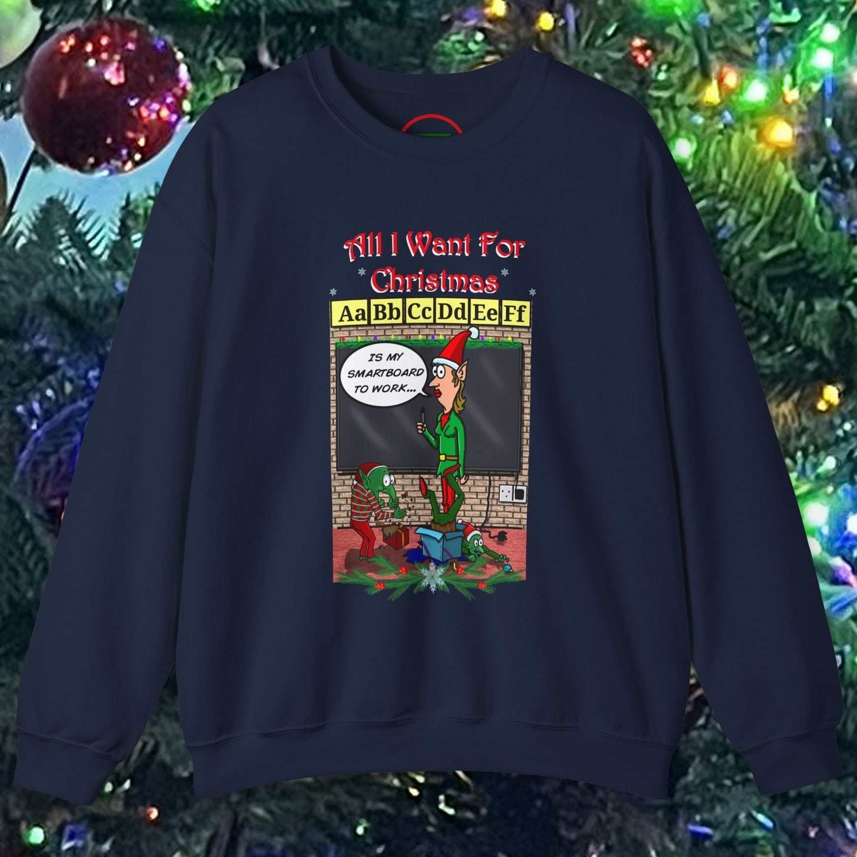 Navy teacher Christmas sweatshirt with funny cartoon comic and holiday design, comfortable cotton-poly blend, festive gift idea