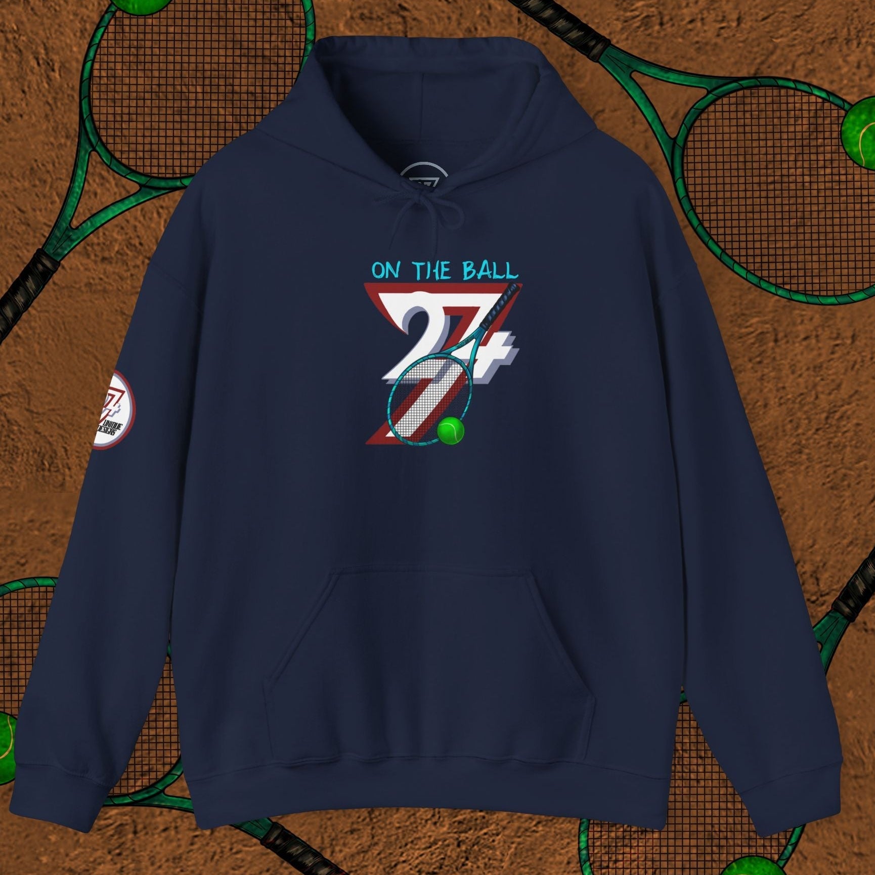 Navy tennis hoodie with hand-drawn tennis gear design and "On The Ball" text, unisex casual sportwear.