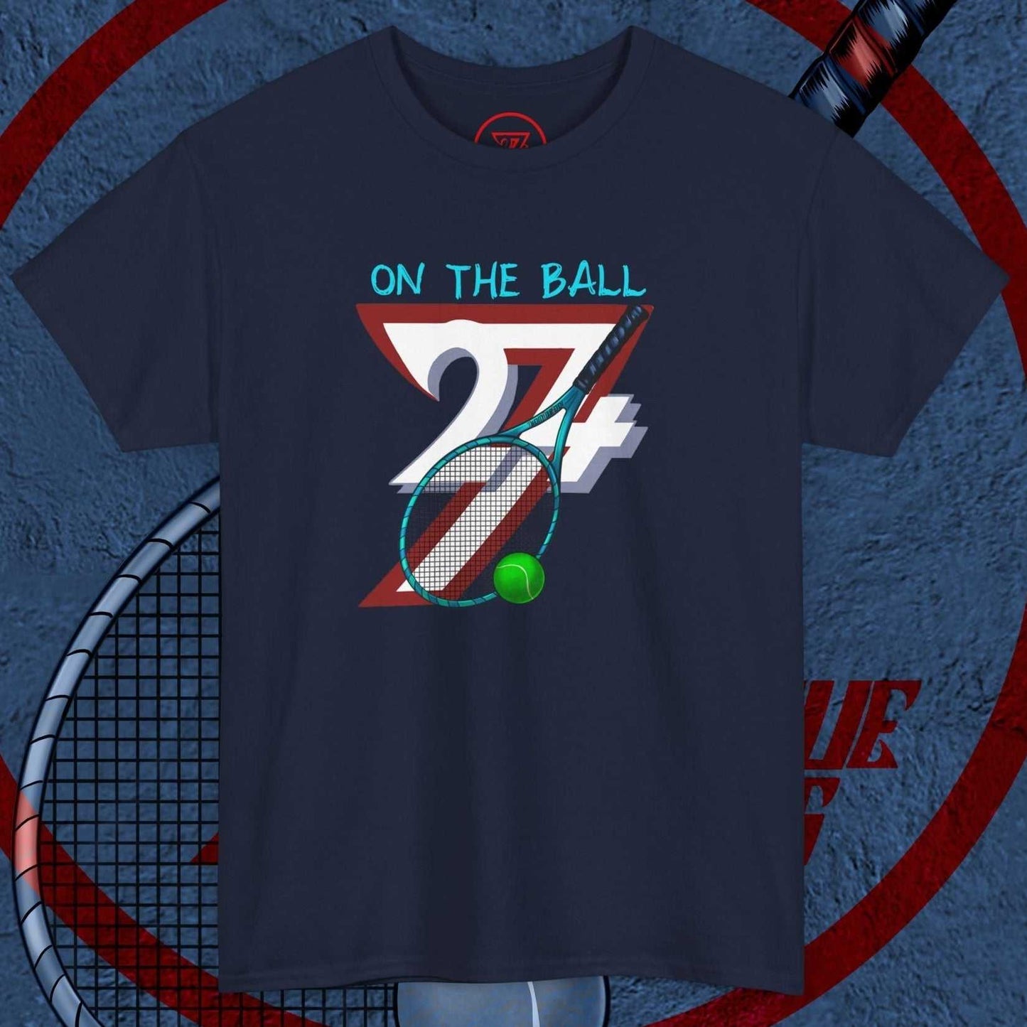 Navy tennis sport T-shirt with hand-drawn vintage racket and ball illustration and "On the Ball 24/" text design