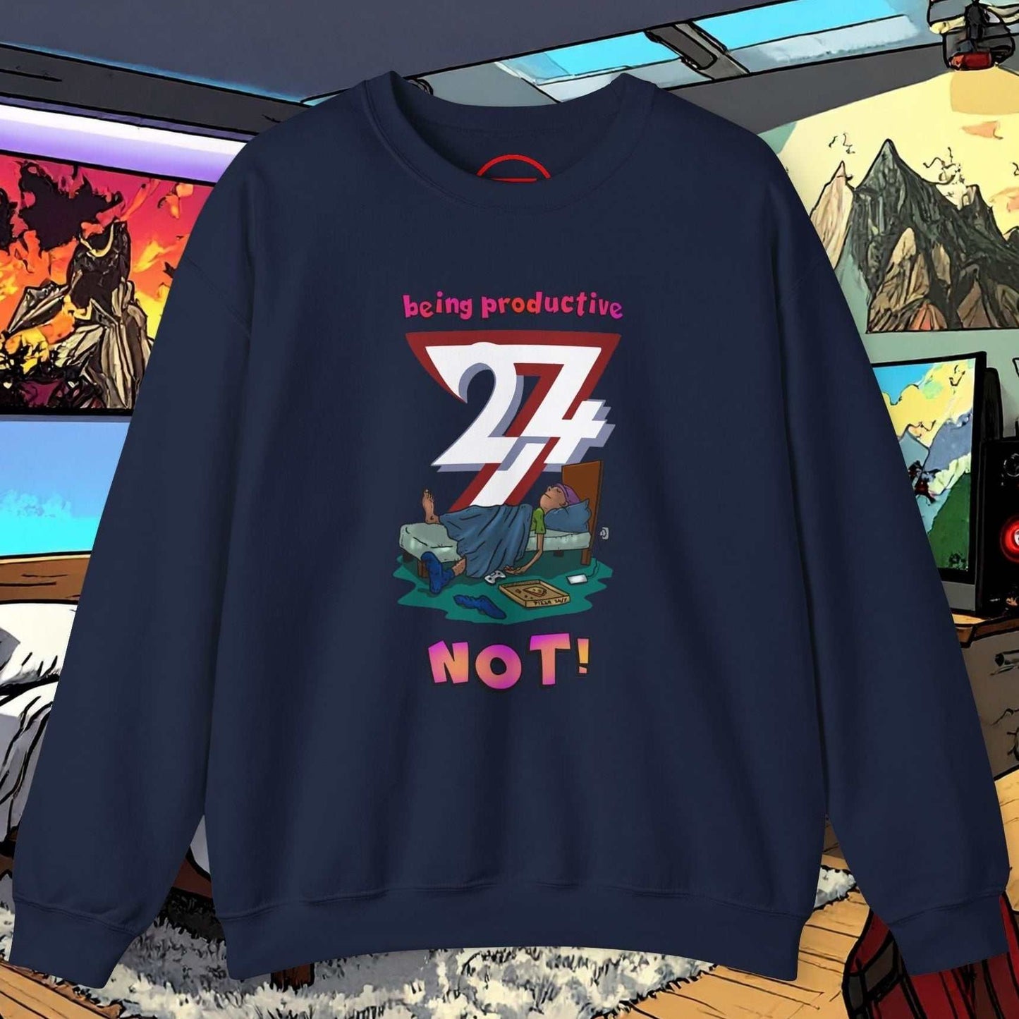 Lazy Teenager Unisex Sweatshirt with funny hand-drawn colorful design and playful slogan on navy blue fabric