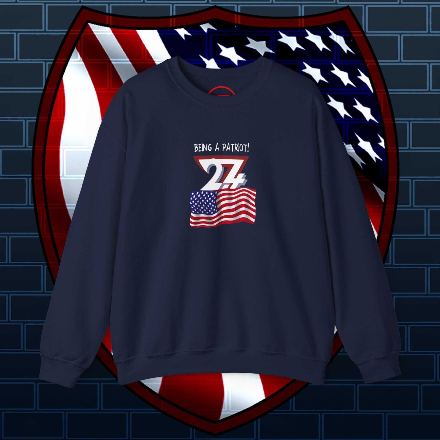 Navy unisex sweatshirt with American flag and "Being a Patriot!" text, comfortable cotton-poly blend, patriotic USA apparel