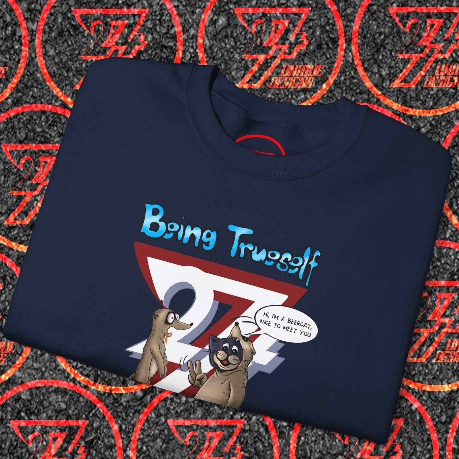 Navy unisex sweatshirt with funny cartoon cat and meerkat design and "Being True to Yourself" slogan