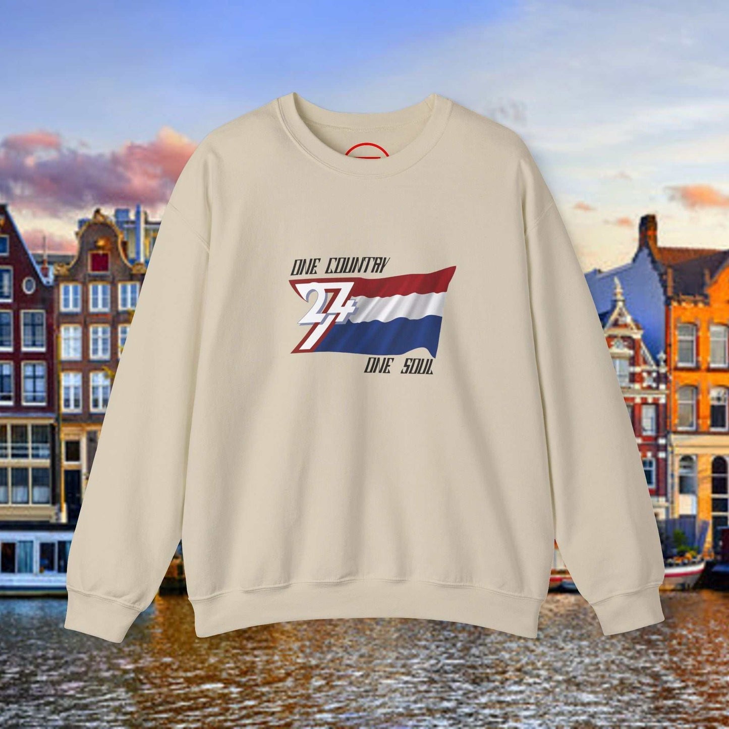 Netherlands flag sweatshirt with hand-drawn vibrant colors and "One Country One Soul" text in classic crewneck style