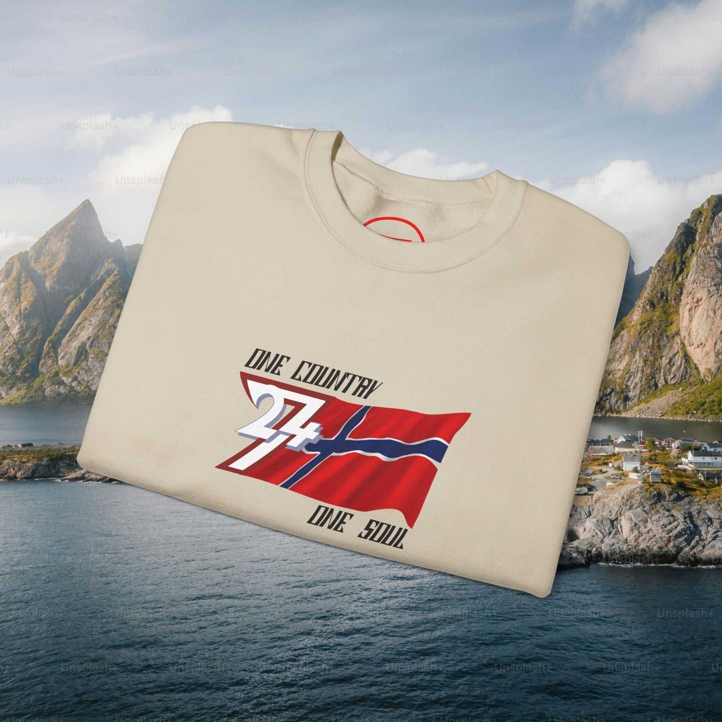 Norway Flag Crewneck Sweatshirt with hand-drawn Norwegian flag and "One Country One Soul" text, cozy and stylish design