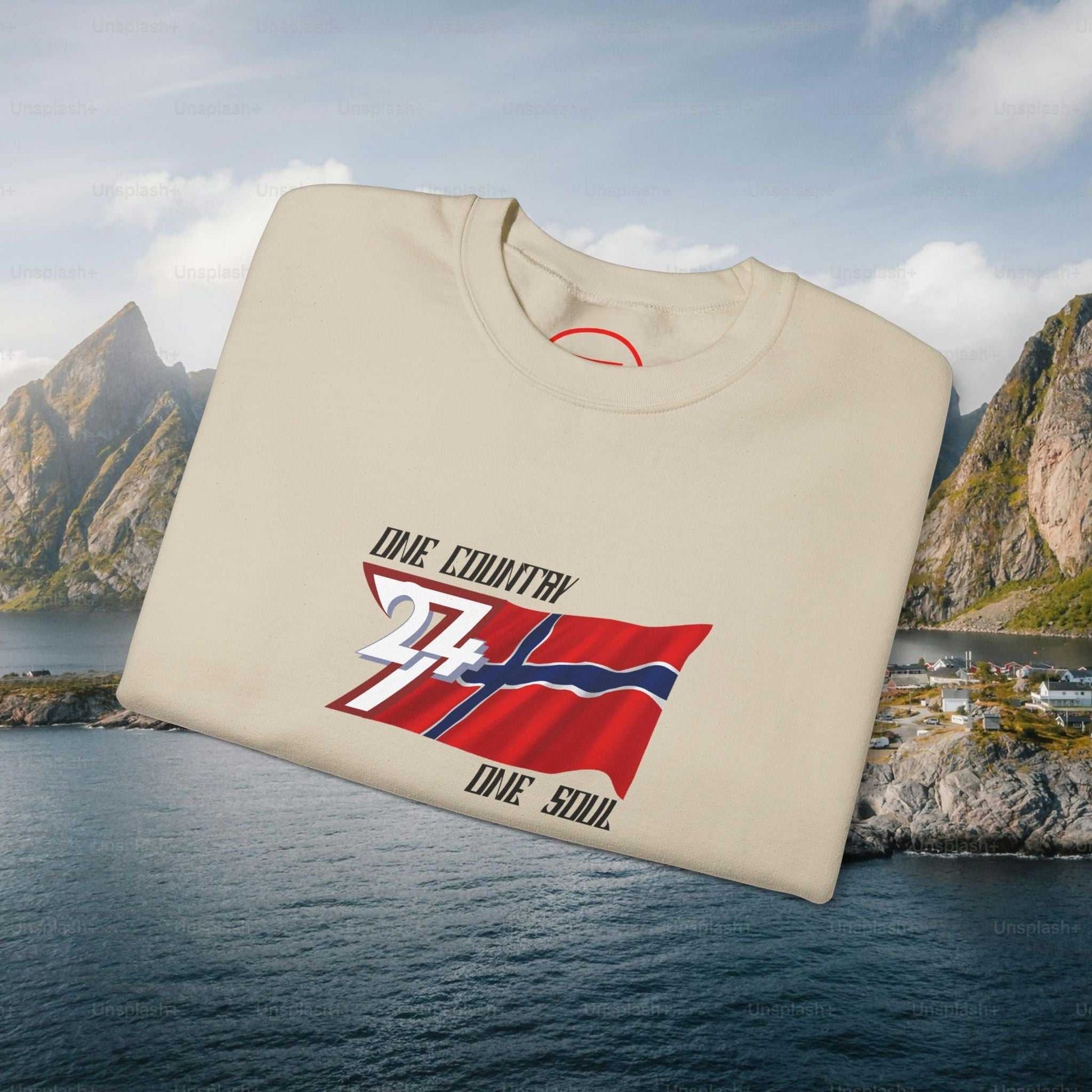 Norway Flag Crewneck Sweatshirt with hand-drawn Norwegian flag and "One Country One Soul" text, cozy and stylish design