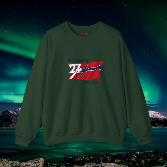 Norway Flag Crewneck Sweatshirt with hand-drawn Norwegian flag illustration on green fabric, cozy and stylish Nordic heritage apparel