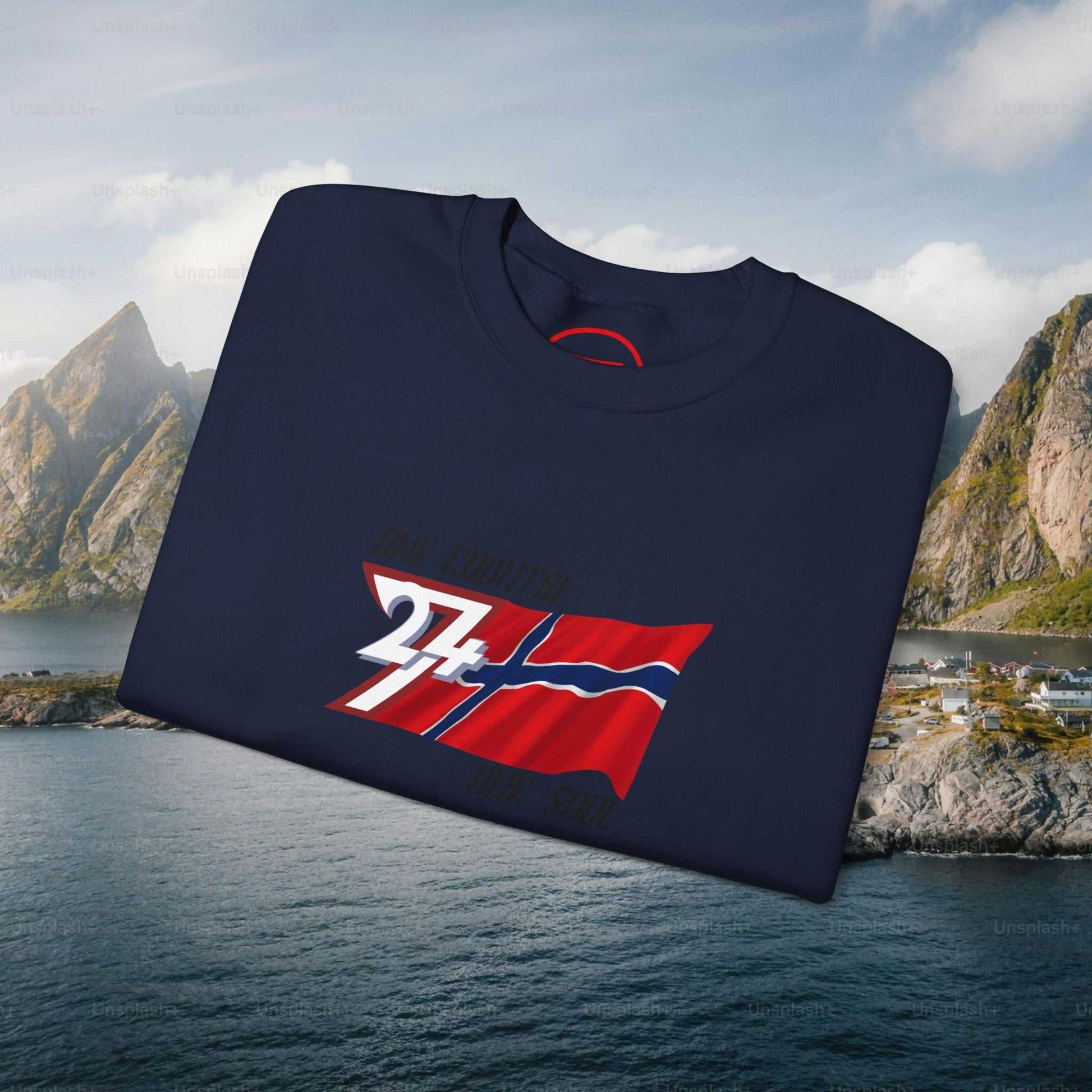 Norway Flag Crewneck Sweatshirt with hand-drawn Norwegian flag illustration on navy blue fabric, cozy and stylish design