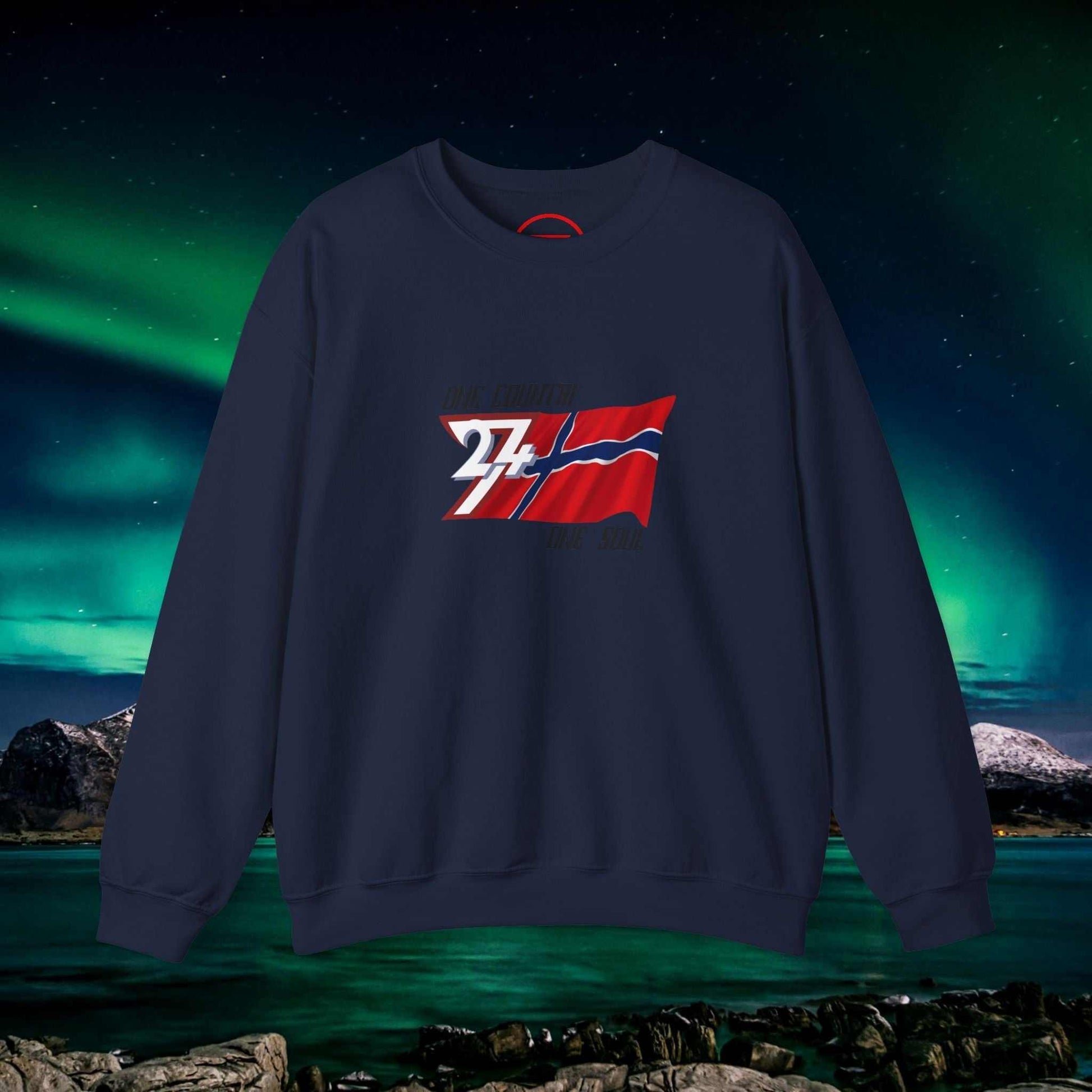 Norway Flag Crewneck Sweatshirt with hand-drawn Norwegian flag illustration on navy blue fabric, warm and comfortable medium-heavy cotton-poly blend.