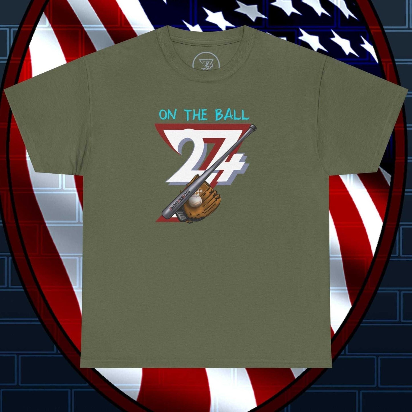Olive green Baseball Illustrated Tee with hand-drawn "On The Ball 24/7" design featuring baseball bat and glove, comfortable cotton fabric.