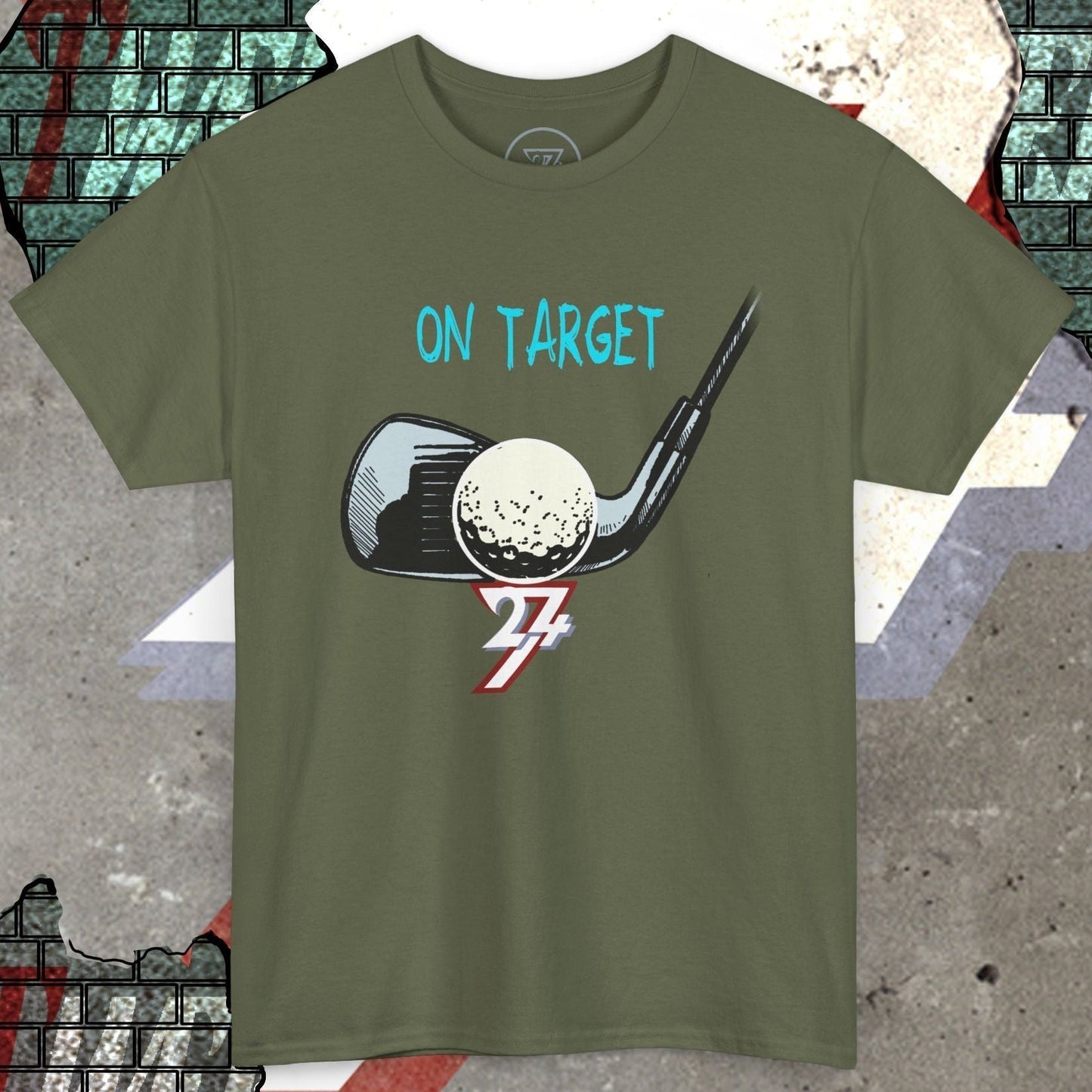 Olive green Golf Tee Illustrated T-Shirt with vibrant hand-drawn golf ball and club design and "On Target" text.