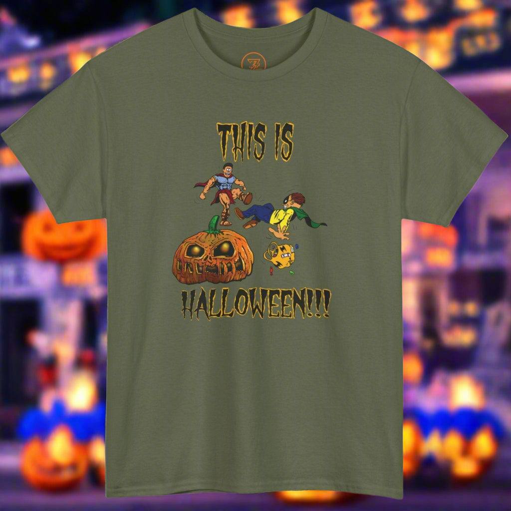 Olive green Halloween cartoon tee with funny hand-drawn pumpkin and characters and "This is Halloween!!!" text design