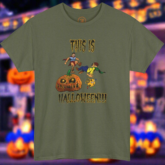 Olive green Halloween cartoon tee with funny hand-drawn pumpkin and characters and "This is Halloween!!!" text design