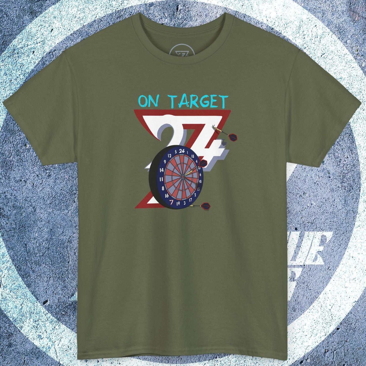 Olive green darts t-shirt with hand-drawn dartboard and "On Target" text design, casual crew-neck tee