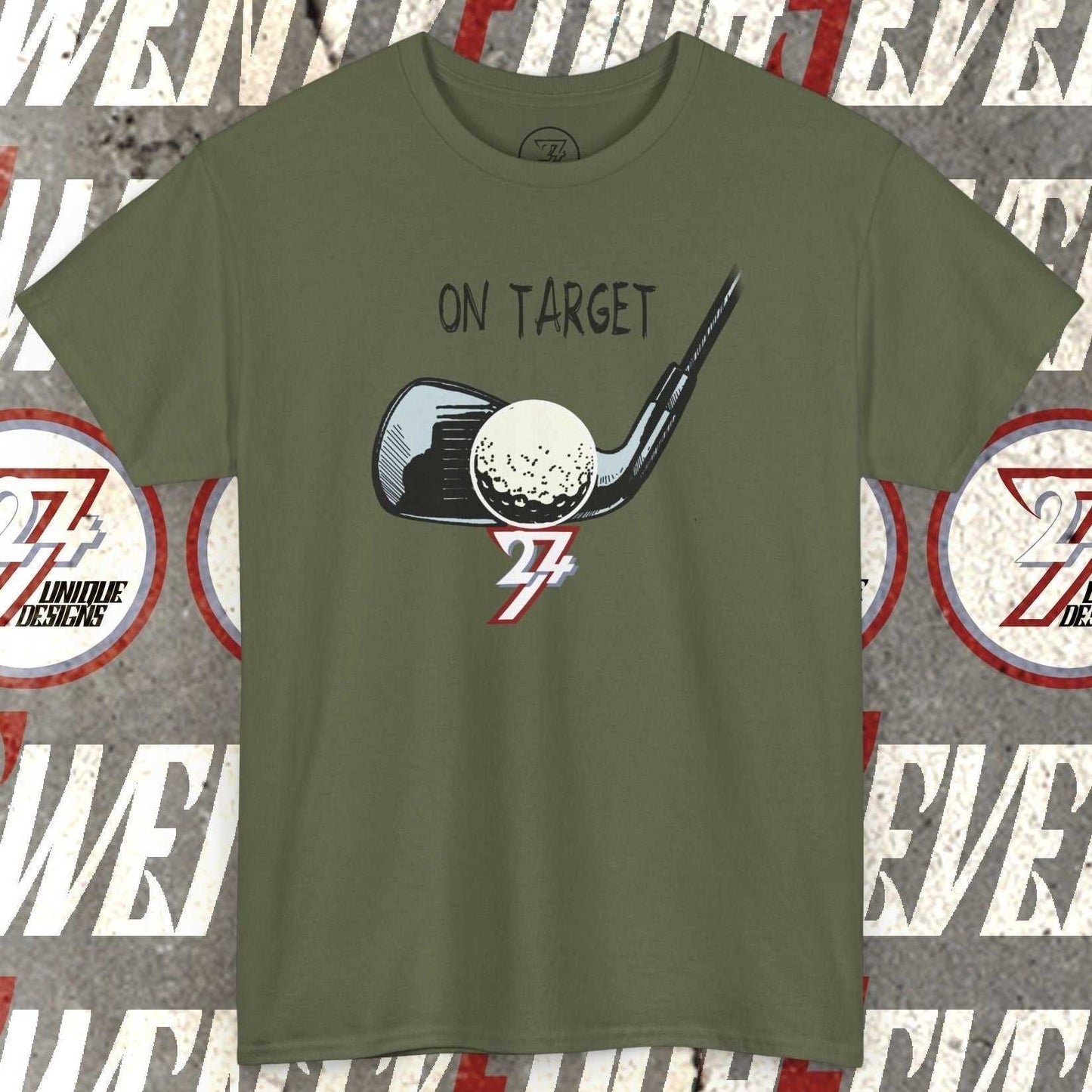 Olive green golf graphic t-shirt featuring hand-drawn golf club and ball with "On Target" text and 24/7 logo design