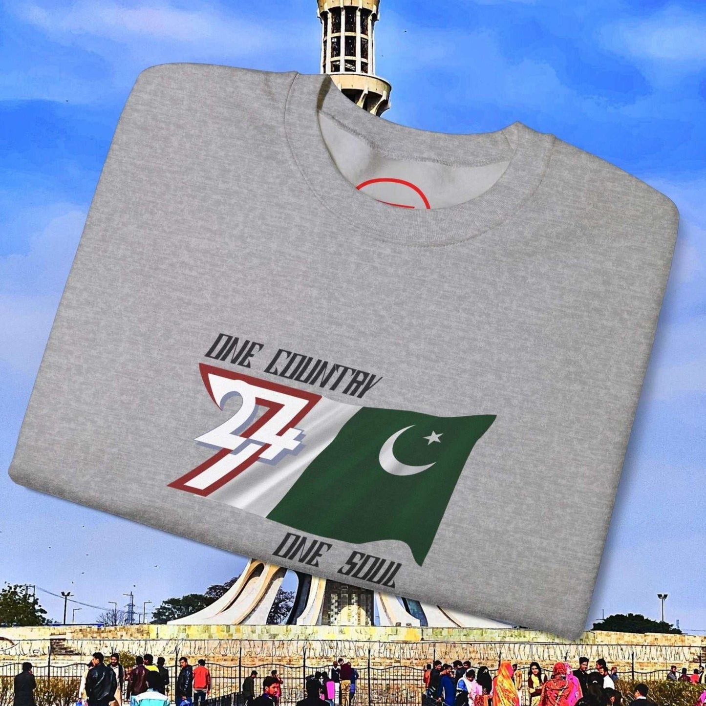 Pakistan Flag Sweatshirt with hand-drawn flag and 'One Nation One Goal One Country One Soul' slogan on gray crewneck