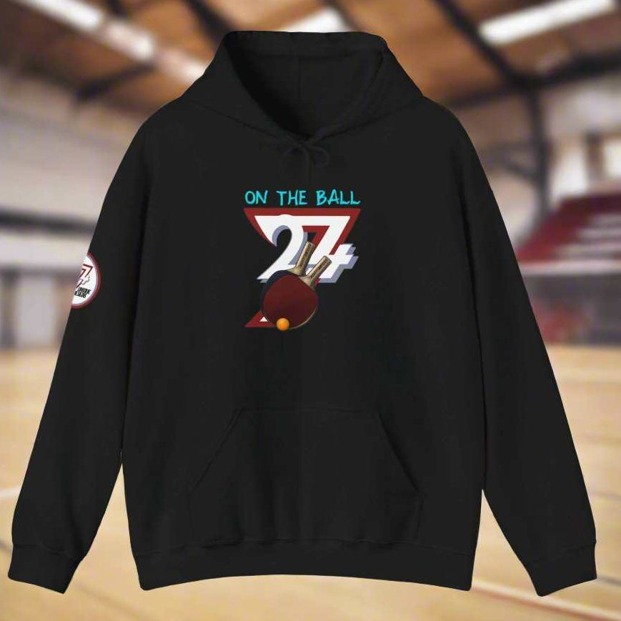 Black ping pong hoodie with hand-drawn table tennis design and kangaroo pocket, ideal for sports fans.