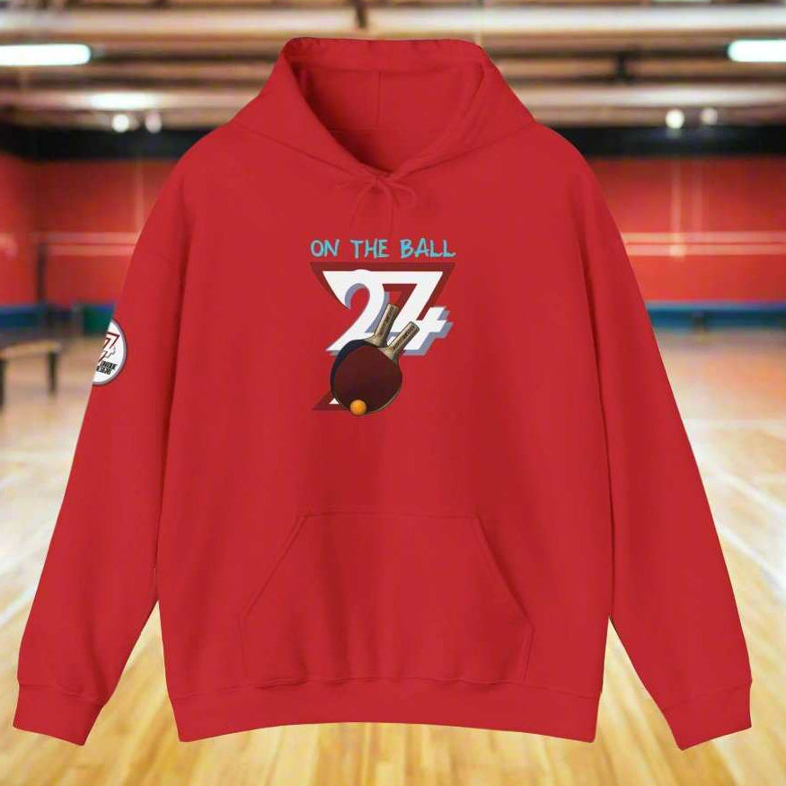 Red ping pong hoodie with hand-drawn table tennis design and kangaroo pocket, suitable for adults.