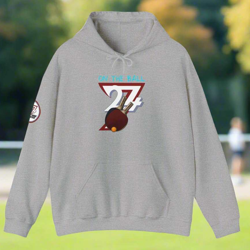 Gray ping pong hoodie with hand-drawn paddle and ball design, adjustable hood, and kangaroo pocket