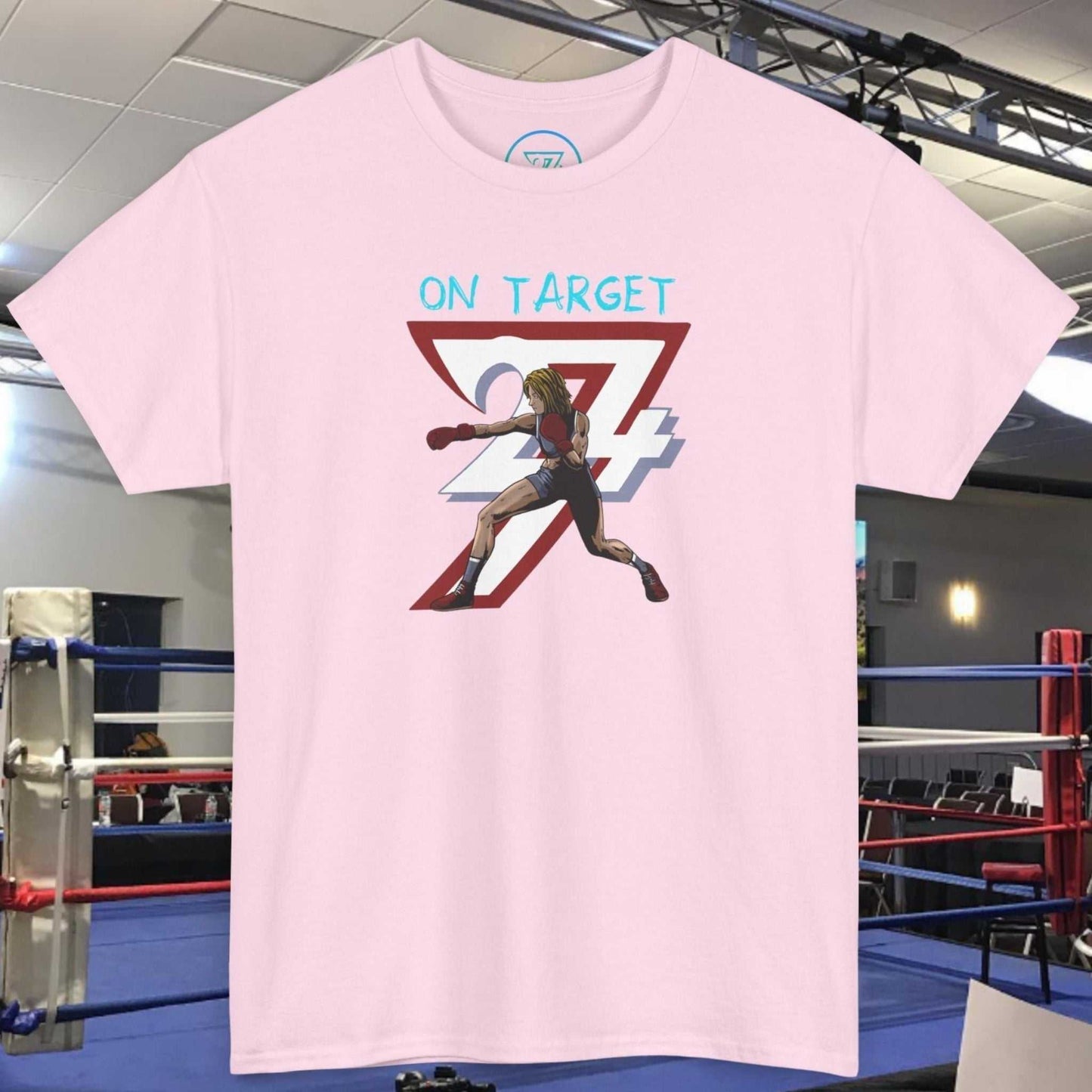 Pink Boxer Girl T-Shirt with hand-drawn female boxer and "On Target" text, gym wear for fighters and fans.