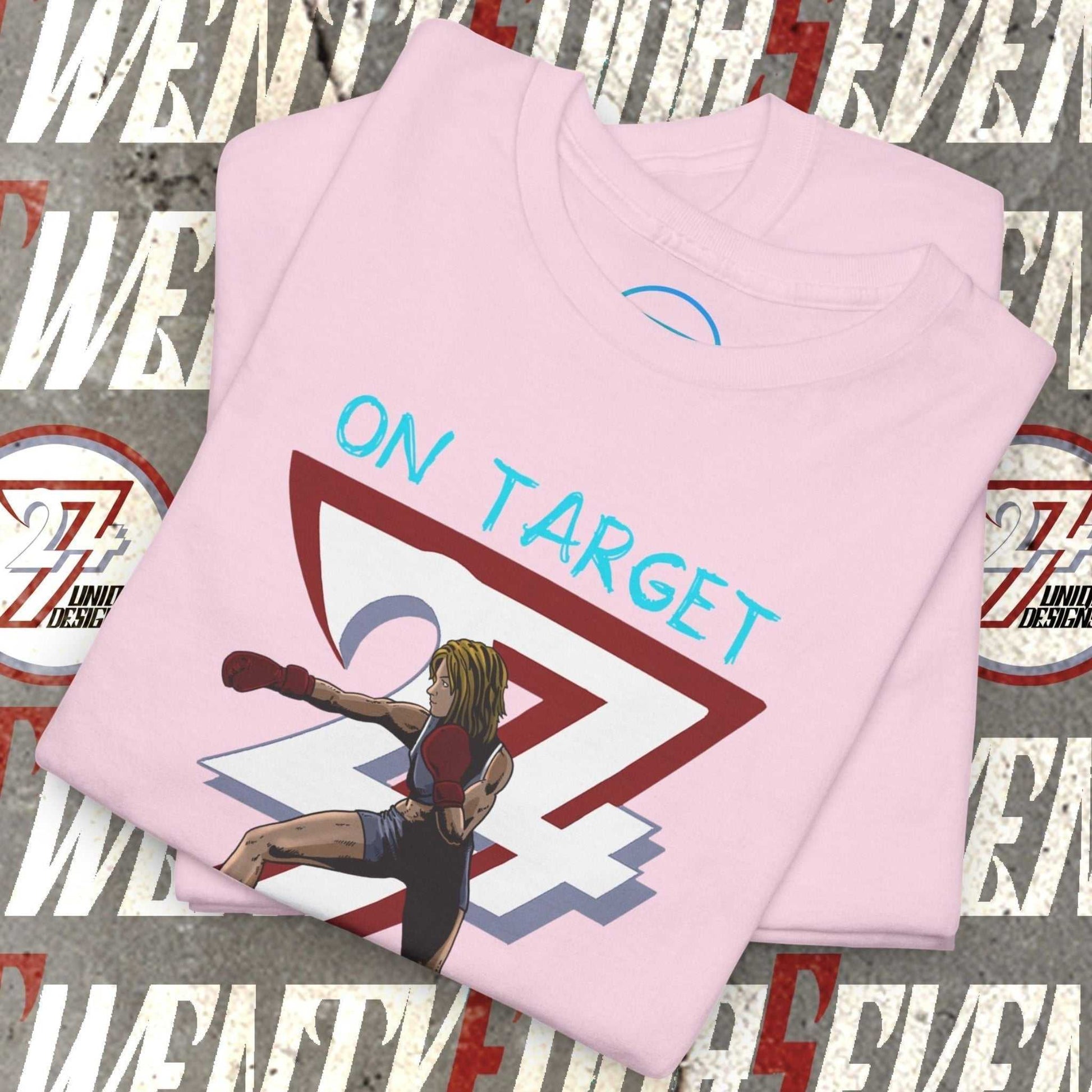 Pink Boxer Girl T-Shirt with hand-drawn female boxer and "On Target 27" design, classic fit, cotton fabric.
